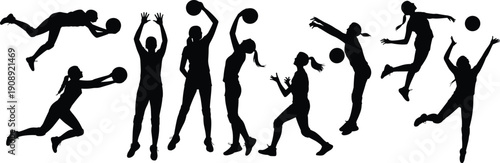 Volleyball players silhouette set, women jumping spiking serving ball, team sport actions, athletic training vector illustration isolated white background design
