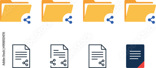 Folder and document share icon set with file connection symbols minimal vector interface design collection