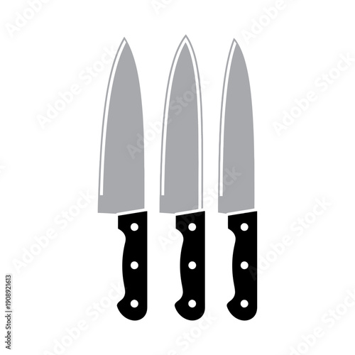 Three Kitchen Knives with Black Handles.