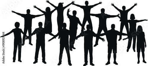 Silhouette of a diverse group of people with arms outstretched in celebration vector illustration