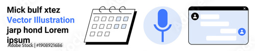 Scheduling tools, voice recording, digital messaging, business productivity, technology, online communication. A calendar, microphone and chat interface icons. Scheduling tools and voice recording