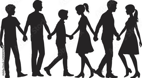 Silhouette of a family holding hands walking together people