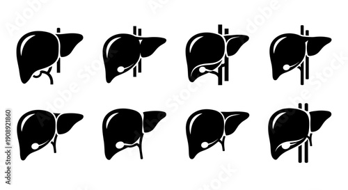 A set of eight black and white silhouette liver icons in various orientations and styles