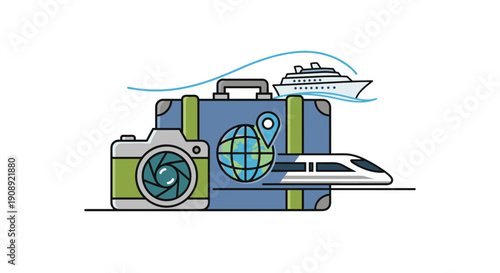 A colorful vector graphic illustration of travel icons including a camera, suitcase, globe, and transportation modes