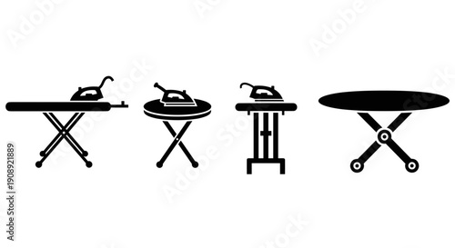 A set of four black silhouette ironing boards with irons on them in a row