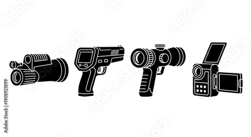 A set of four black and white camera icons in different styles on a white background