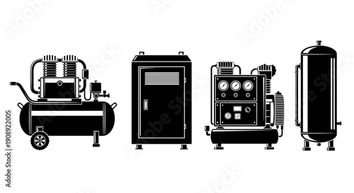 A set of four industrial air compressor machines in a black and white vector graphic illustration