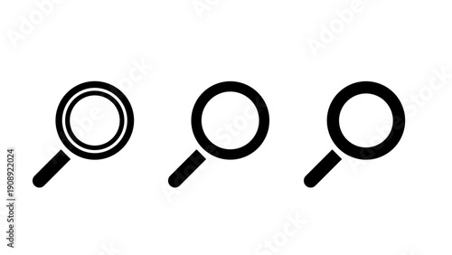 A set of three minimalist magnifying glass icons in a flat design style