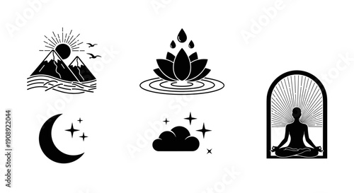 A set of minimalist vector icons depicting meditation and yoga symbols in a simple black design