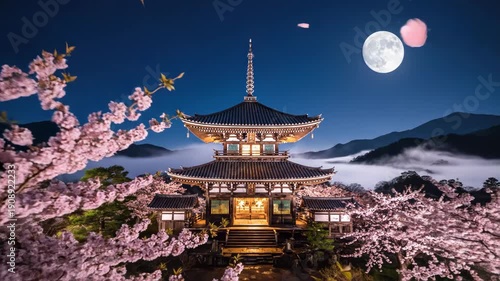 A serene japanese temple surrounded by vibrant pink cherry blossoms under a full moon at dusk with mountains in the background