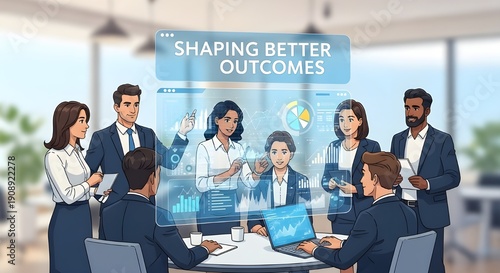 Business team shaping better outcomes with data analytics, diverse corporate professionals analyzing digital charts, modern office meeting illustration