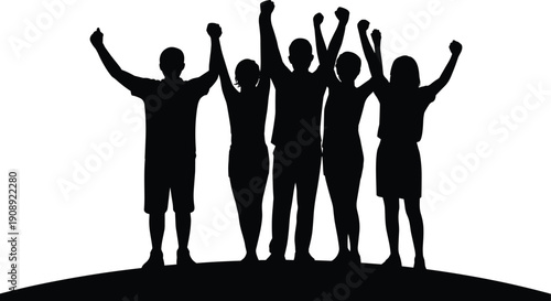 Silhouette of five people with raised arms on a hill on white background vector illustration