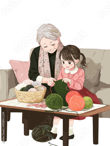 A senior woman teaches her granddaughter knitting - relationship across generations and bonding