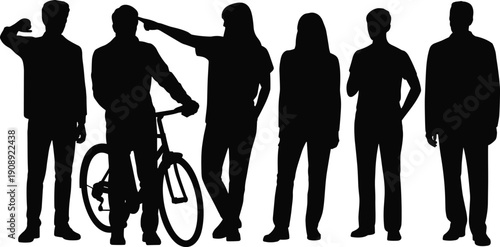 Silhouette of six individuals with one person next to a bicycle people women