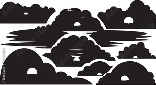 Black Silhouette of Clouds and Water on White Background