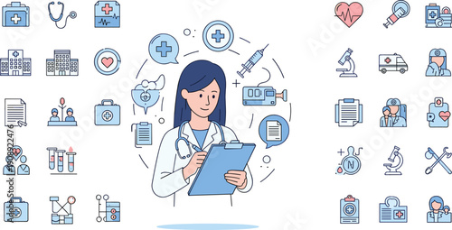 Healthcare, medical icons, doctor, hospital, syringe, stethoscope, patient care, diagnostics, treatment, wellness, research, ambulance, medicine, health service, flat vector illustration