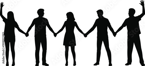 Silhouettes of five people holding hands in a line Keywords: silhouette, people, group, holding hands, line, men, women, adults