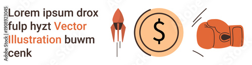 Financial growth, innovation, business competition, start-up strategy, market rivalry, investment success. A dollar coin, rocket and boxing glove are displayed. Financial growth and innovation