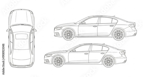Three views of a modern sedan car blueprint sketch.