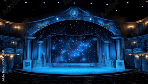 Elegant theater with a starry backdrop and ornate carvings. Perfect for stage design, performance arts, and entertainment concepts.