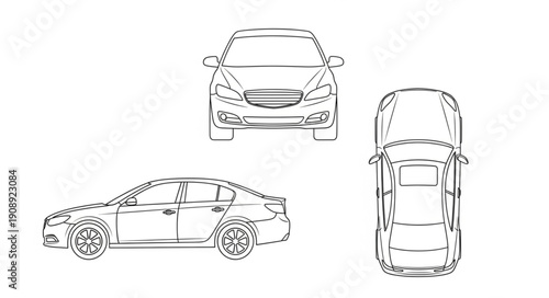 Three views of a modern sedan car blueprint.