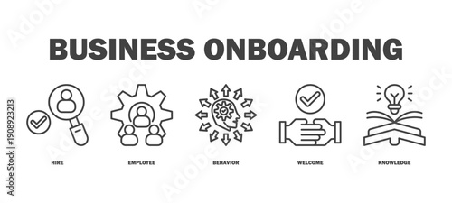 business onboarding banner web icon vector illustration featuring icons of hire, human resources, employee, behavior, welcome, knowledge.