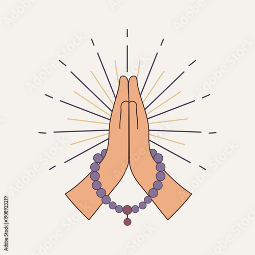 Praying Hands with Mala Beads and Radiant Sunburst Aura