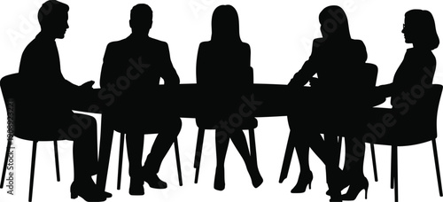 Silhouettes of five people sitting around a table on white background vector illustration