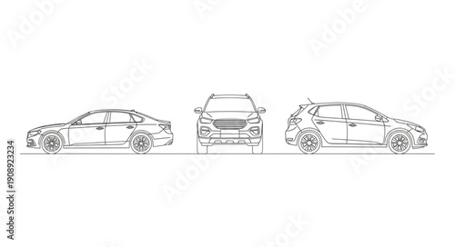 Three views of a sports car sketch outline.