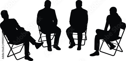Silhouettes of four people sitting in chairs in a discussion on white background vector illustration