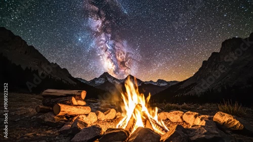 Campfire burning brightly under a starry night sky with mountains in the background and a river flowing through the valley