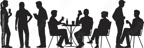 Silhouettes of people gathered at an outdoor cafe or bar with drinks group gathering