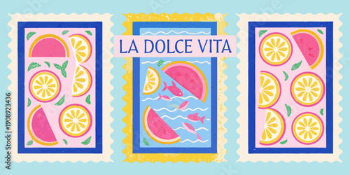 Stylized fruit and fish postage stamps with la dolce vita text