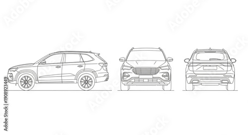Three views of a modern SUV car sketch.