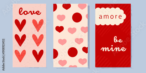 Three vertical banners displaying romantic phrases and heart motifs