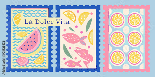 Colorful postage stamps featuring fruit fish and the phrase la dolce vita