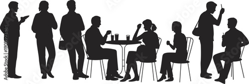 Silhouettes of people at a cafe table and standing around Keywords: silhouette, people, man, woman, cafe, table, chairs, drinks