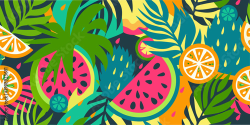 A vibrant seamless pattern featuring tropical fruits and lush foliage