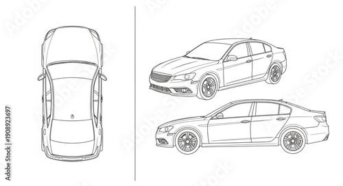 Three views of a modern sedan car sketch.