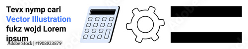 Design, technology, education, planning, engineering, and productivity concepts. A calculator icon, gear shape and horizontal bars with placeholder text. Design and technology illustrated