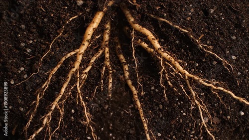 A detailed macro view shows strong, healthy plant roots actively pushing through nutrient-rich dark brown soil and small mineral particles, symbolizing growth and foundation.