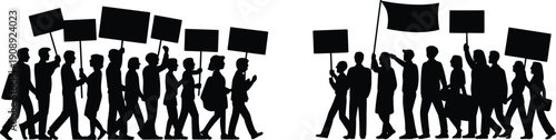 Silhouettes of protesters marching with blank signs and flags on white background demonstration crowd