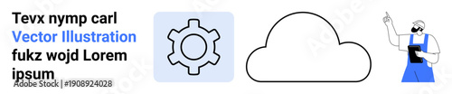 Text block, gear icon, cloud, and engineer with tablet pointing upwards emphasize technology and teamwork. Ideal for innovation, IT services, cloud systems, teamwork, engineering projects app