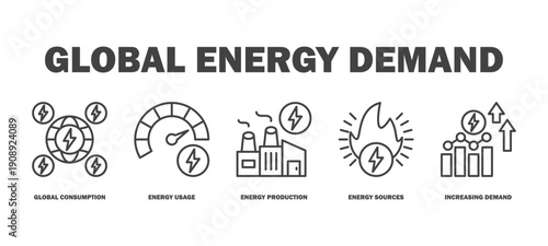 global energy demand banner web icon vector illustration featuring icons of global consumption, energy usage, energy production, energy sources, increasing demand.