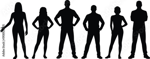 Silhouettes of six people standing with confident poses on a white background group