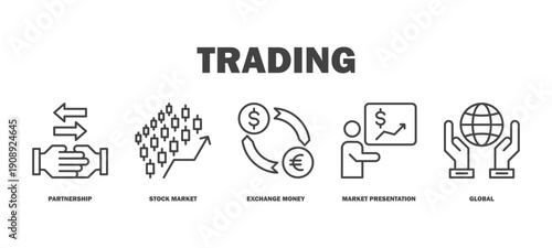 trading banner web icon vector illustration featuring icons of partnership, stock market, exchange money, market presentation, global.
