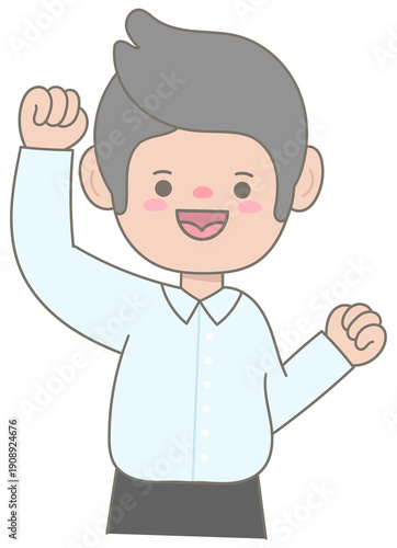 Successful Office Man Celebrating Victory with Raised Fists for Business Achievement