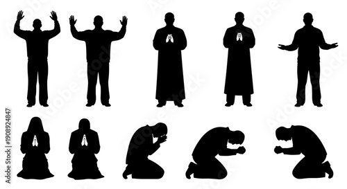 A set of black silhouettes depicting various yoga poses on a white background