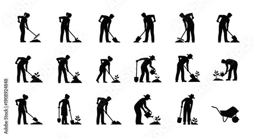 A set of black silhouette icons depicting a person gardening with various tools and actions
