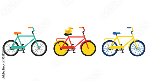 A colorful illustration of three bicycles in different vibrant colors side by side on a white background
